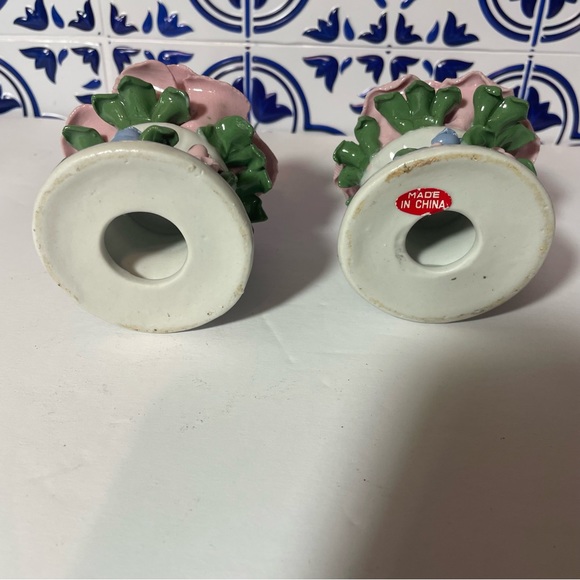 Vintage Set 1970’s Bisque Porcelain Handcrafted Rose Candle Holders on Pedestals - Picture 8 of 13